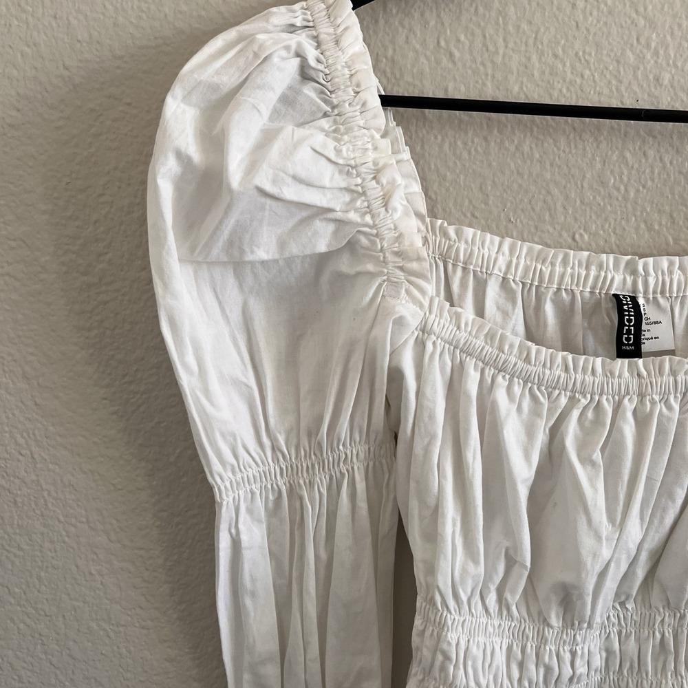 White Top Poet Sleeve Small Cottagecore Boho Milkmaid Square Neck - Picture 3 of 8
